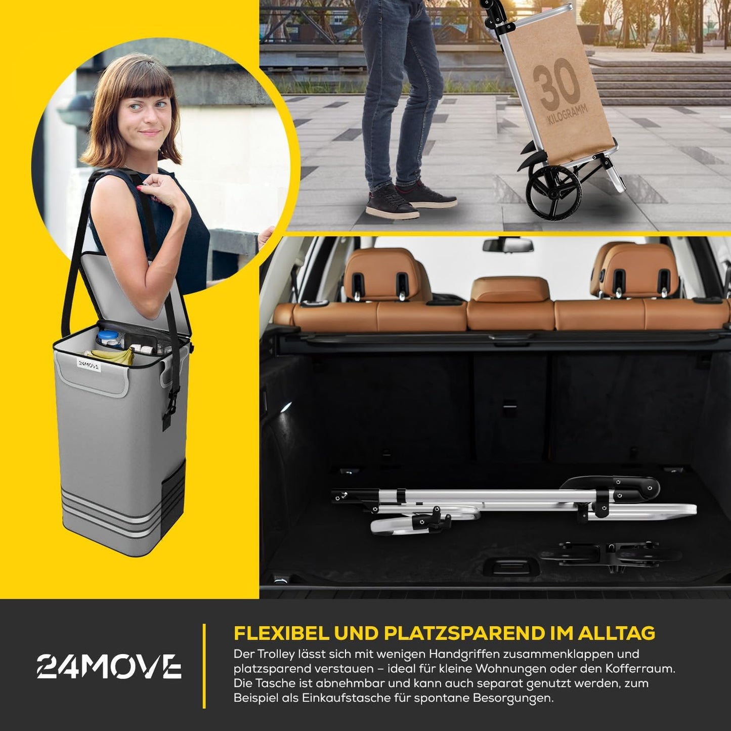 3-in-1 Einkaufstrolley klappbar mit Kühlfach, Treppensteiger, Treppenrad Grau
