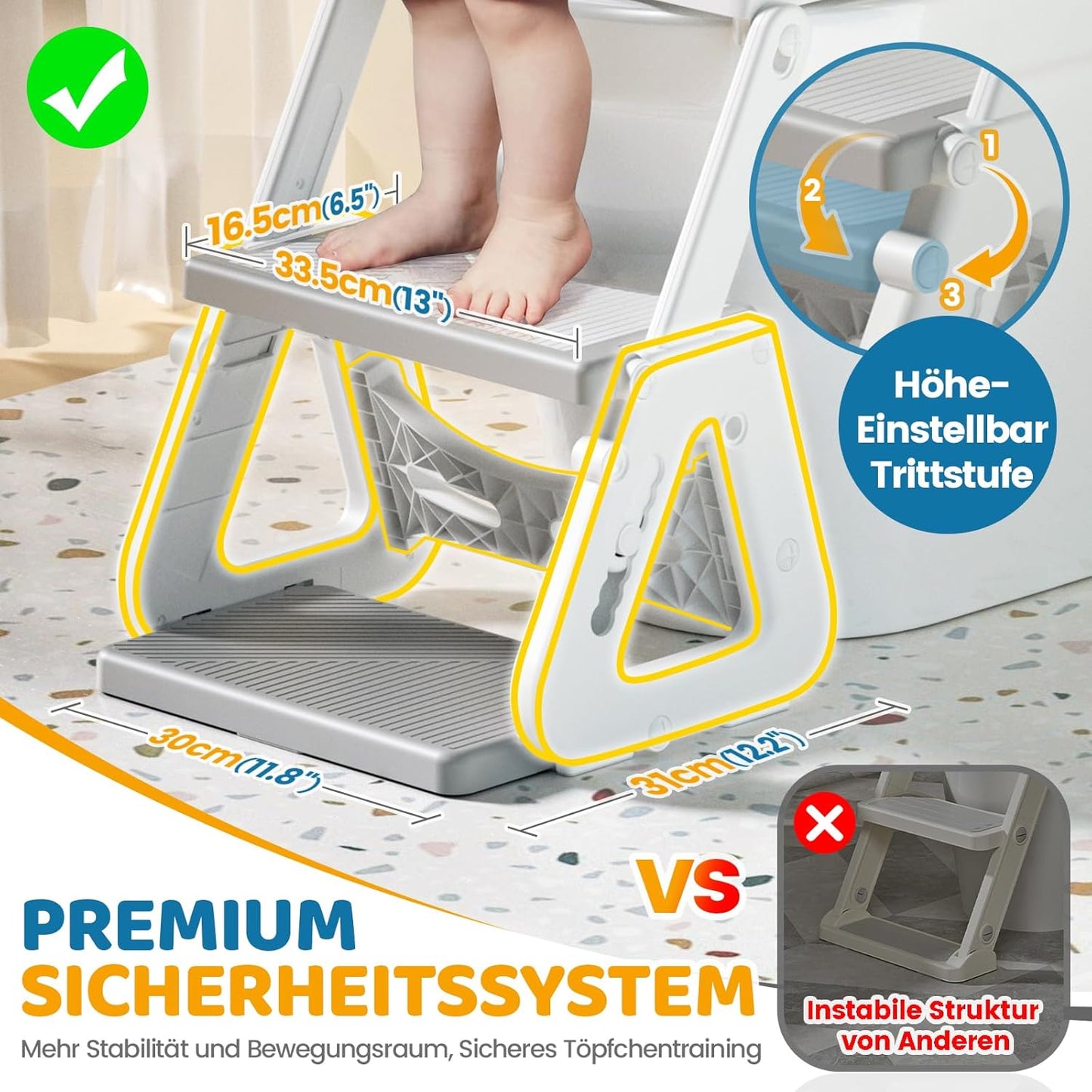 Toilettensitz Kinder mit Treppe und Spritzschutz, Grau