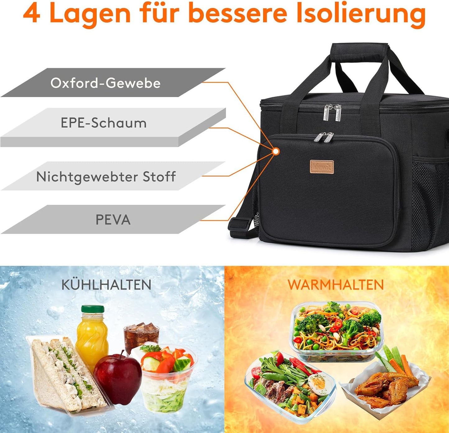 Grosse Faltbare Kühltasche 24L für Reisen und Picknick, 24L Schwarz
