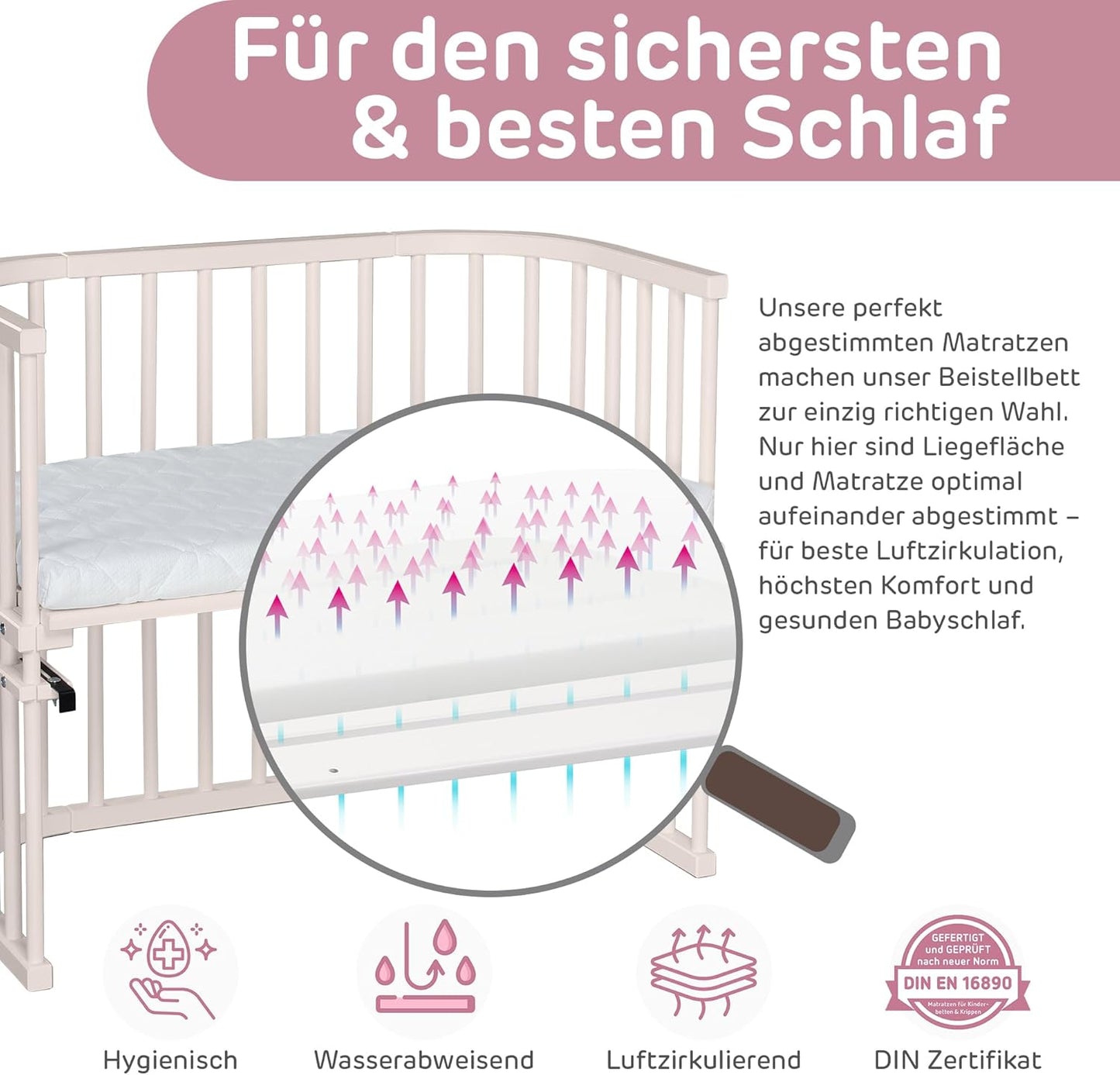 Höhenverstellbares Beistellbett mit Matratze, Beige Lackiert / 87L x 46B x 79H cm / Mit Matratze