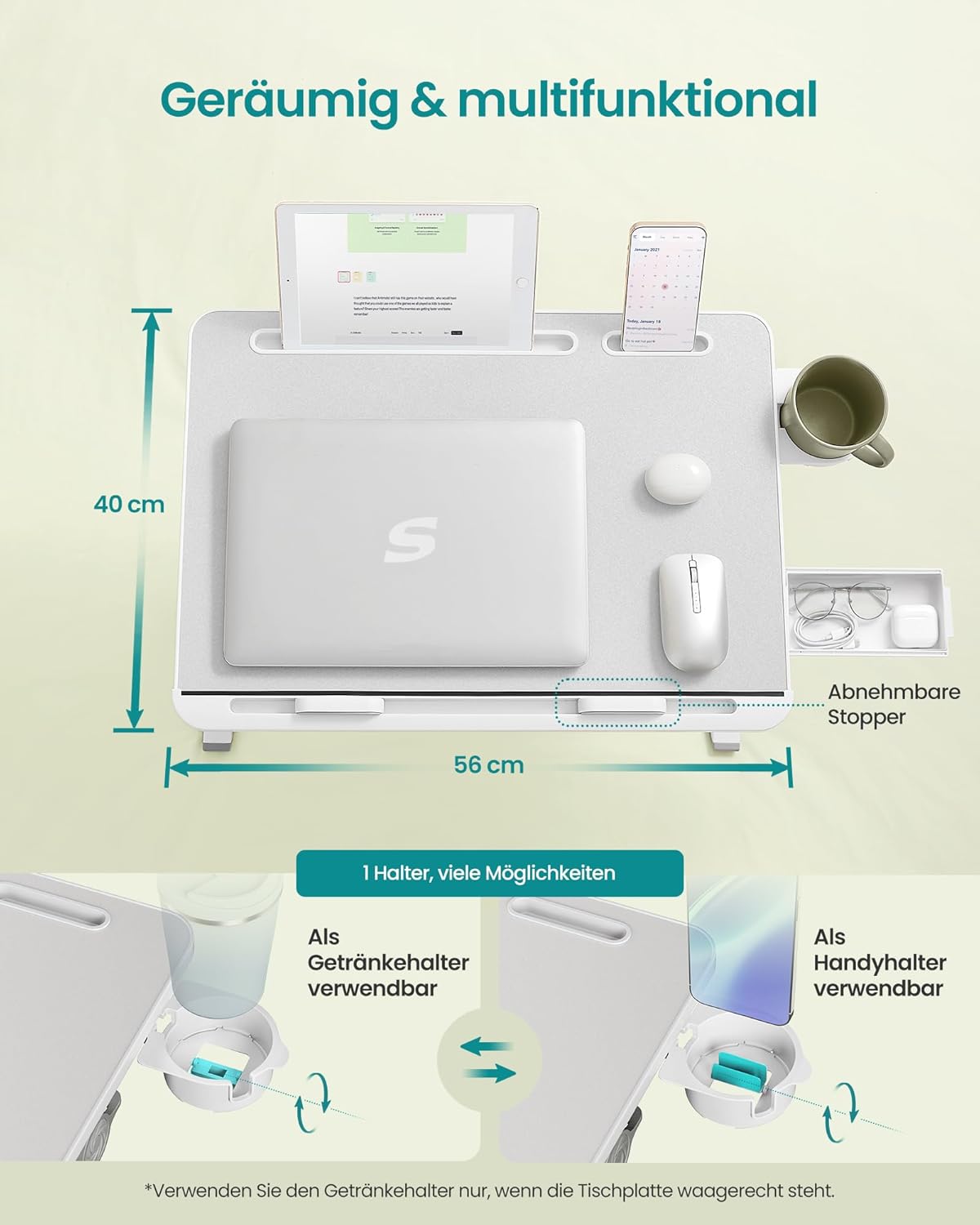Laptoptisch mit Getränkehalter und Schublade, Grau