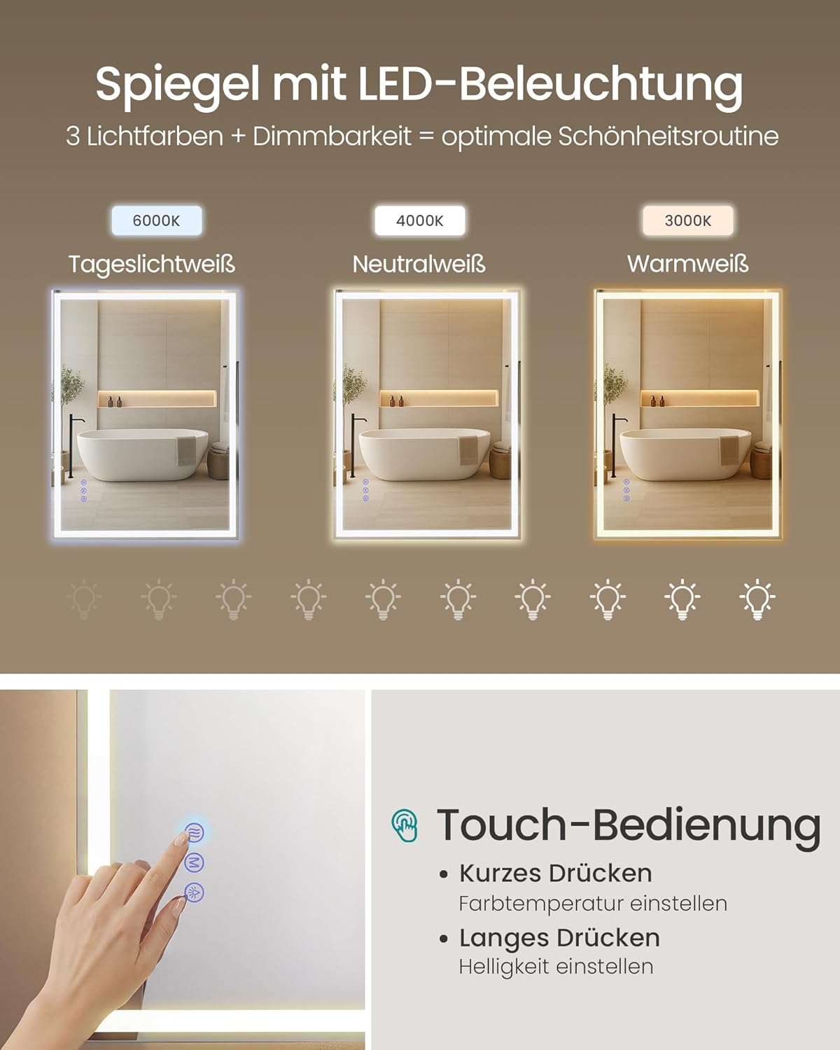 Badspiegel mit Beleuchtung und Antibeschlag-Funktion, Rechteck 70.7L x 50.7B cm