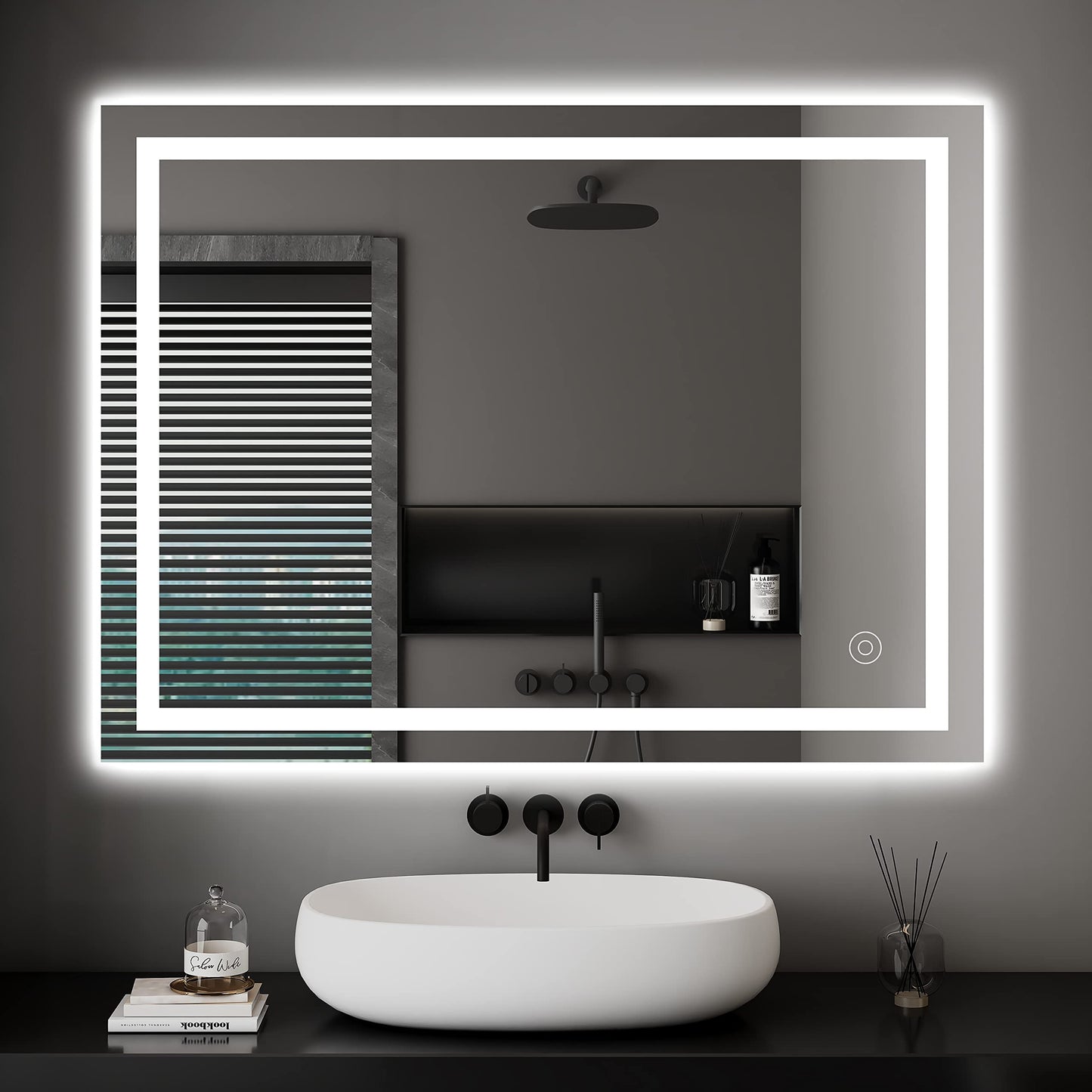 LED Badezimmerspiegel mit Touch-Schalter, Beschlagfrei + Kaltweiss + Touch 60L x 80B cm