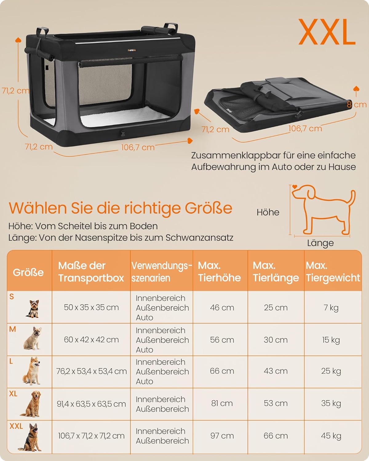 Faltbare Hundetransportbox mit Netztüren, PDC021B01, XXL (106,7 x 71,2 x 71,2 cm)