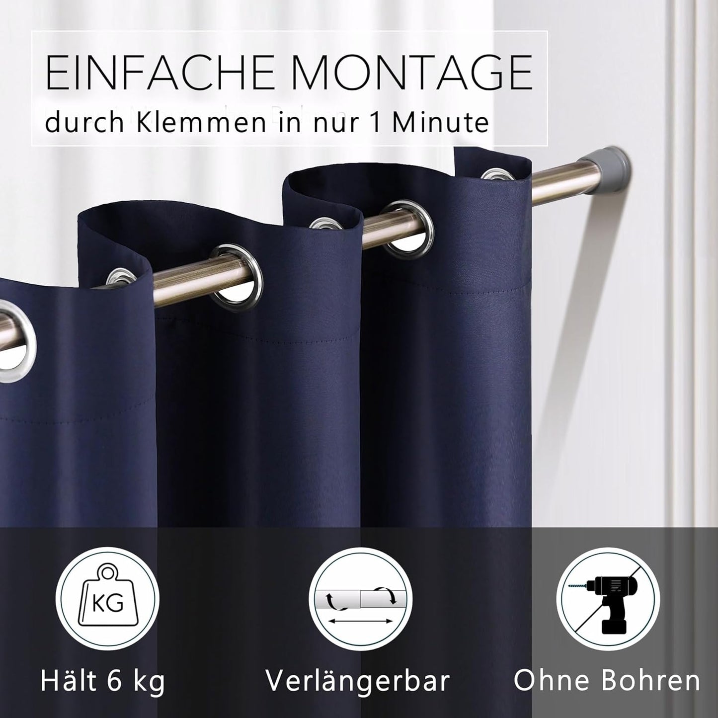 Türvorhang mit Teleskopstange, H200 x B150 cm (1er Pack) / Türvorhang Blau + Stange Silber 70-120 Cm