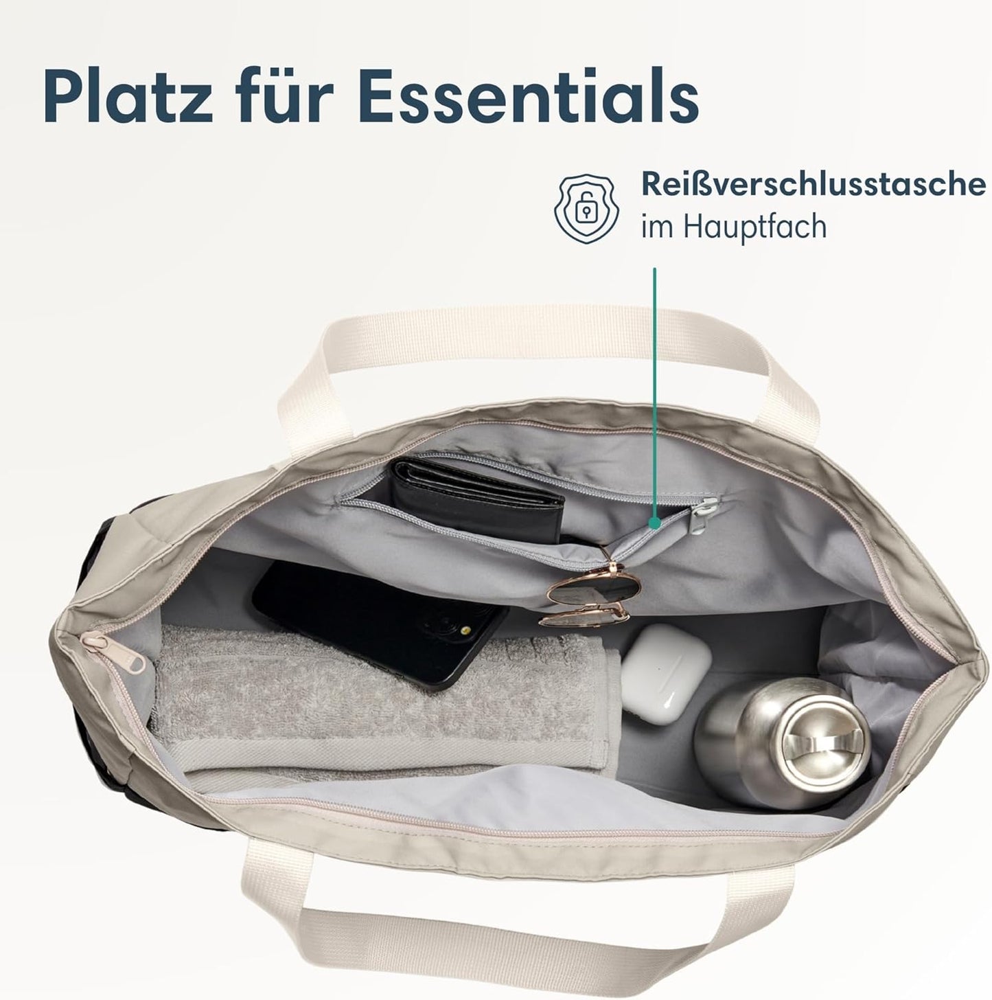 Strandtasche XXL mit Reissverschluss - Linn-Modell, Schwarz - Sand