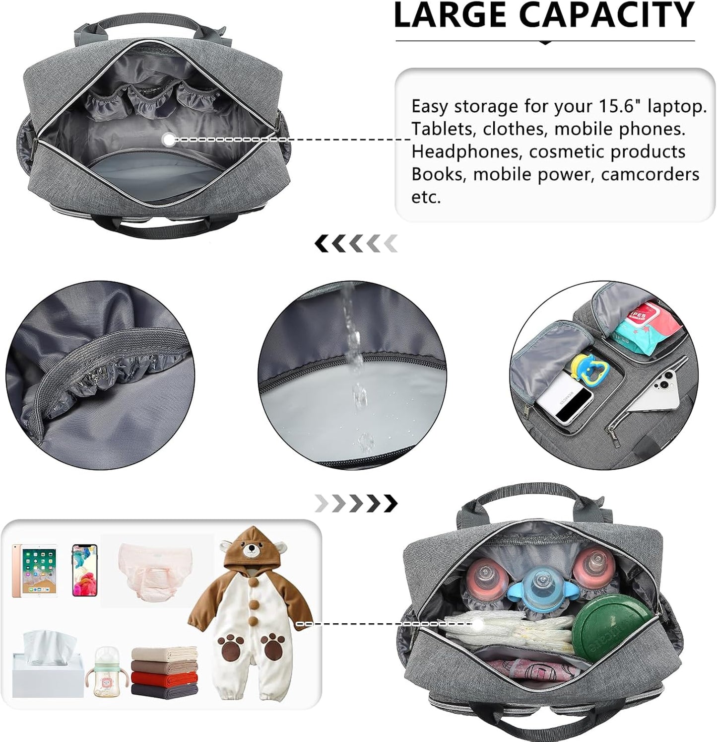 Baby-Wickeltasche mit Wickelauflage und isolierten Taschen, Große Tasche mit Wickelauflage Grau