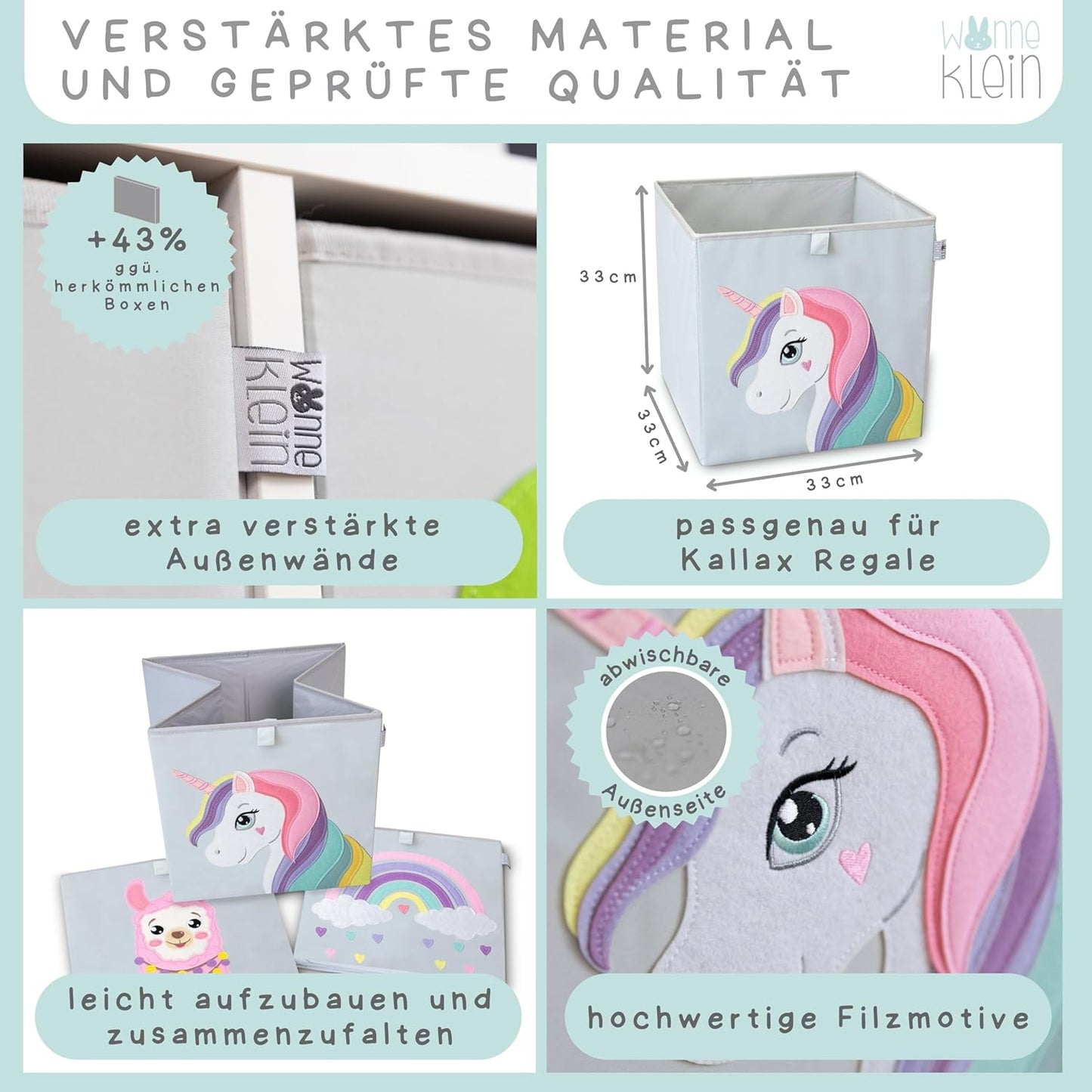Faltbare Spielzeugkisten-Set für Kallax (3er-Set), 3er Set: Alpaka, Einhorn, Regenbogen