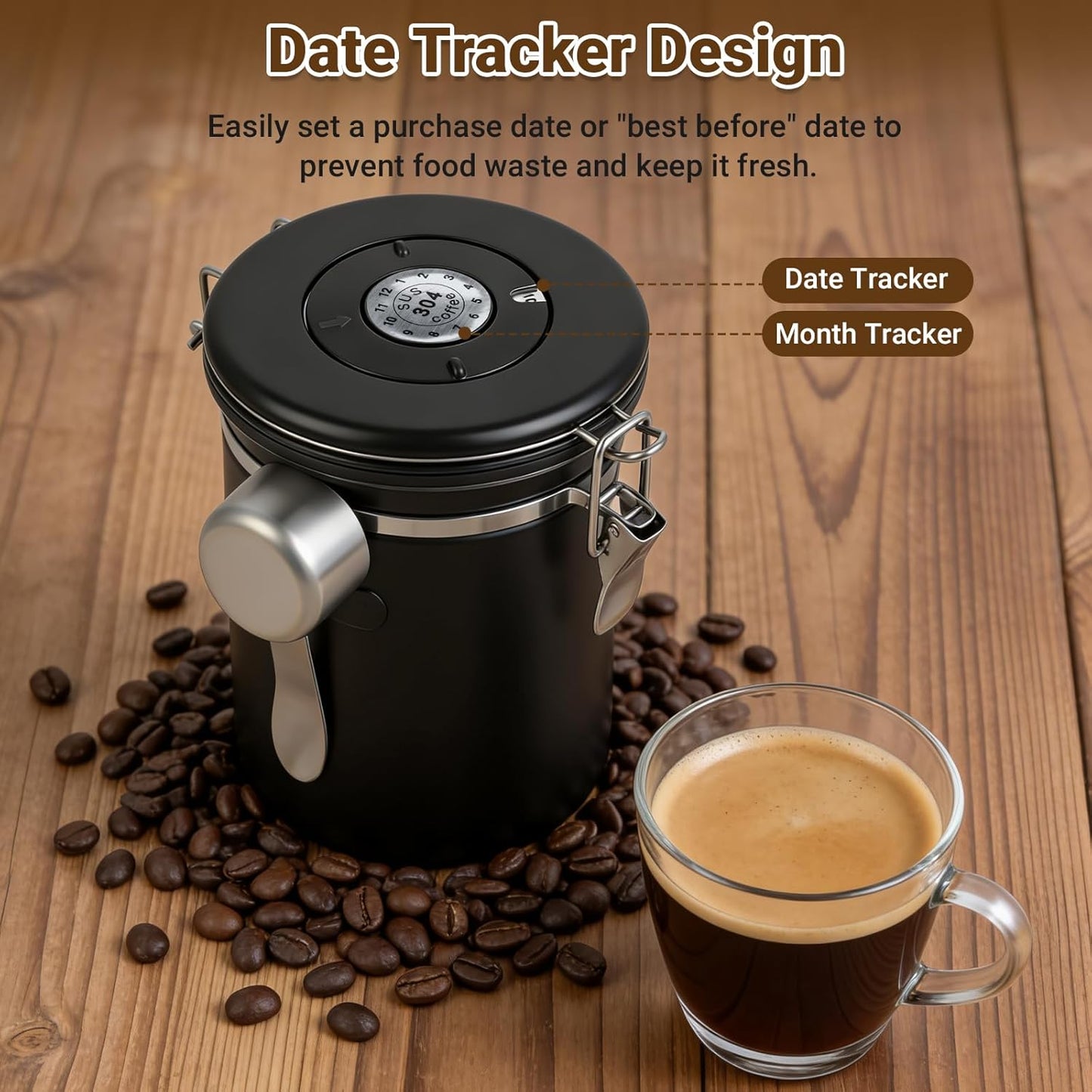 Kaffeedose Luftdicht Edelstahl mit Datumsanzeige, 2.8 liters