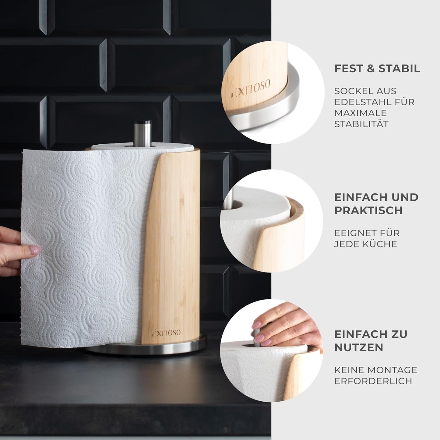 Küchenrollenhalter Edelstahl & Bambus, Edelstahl