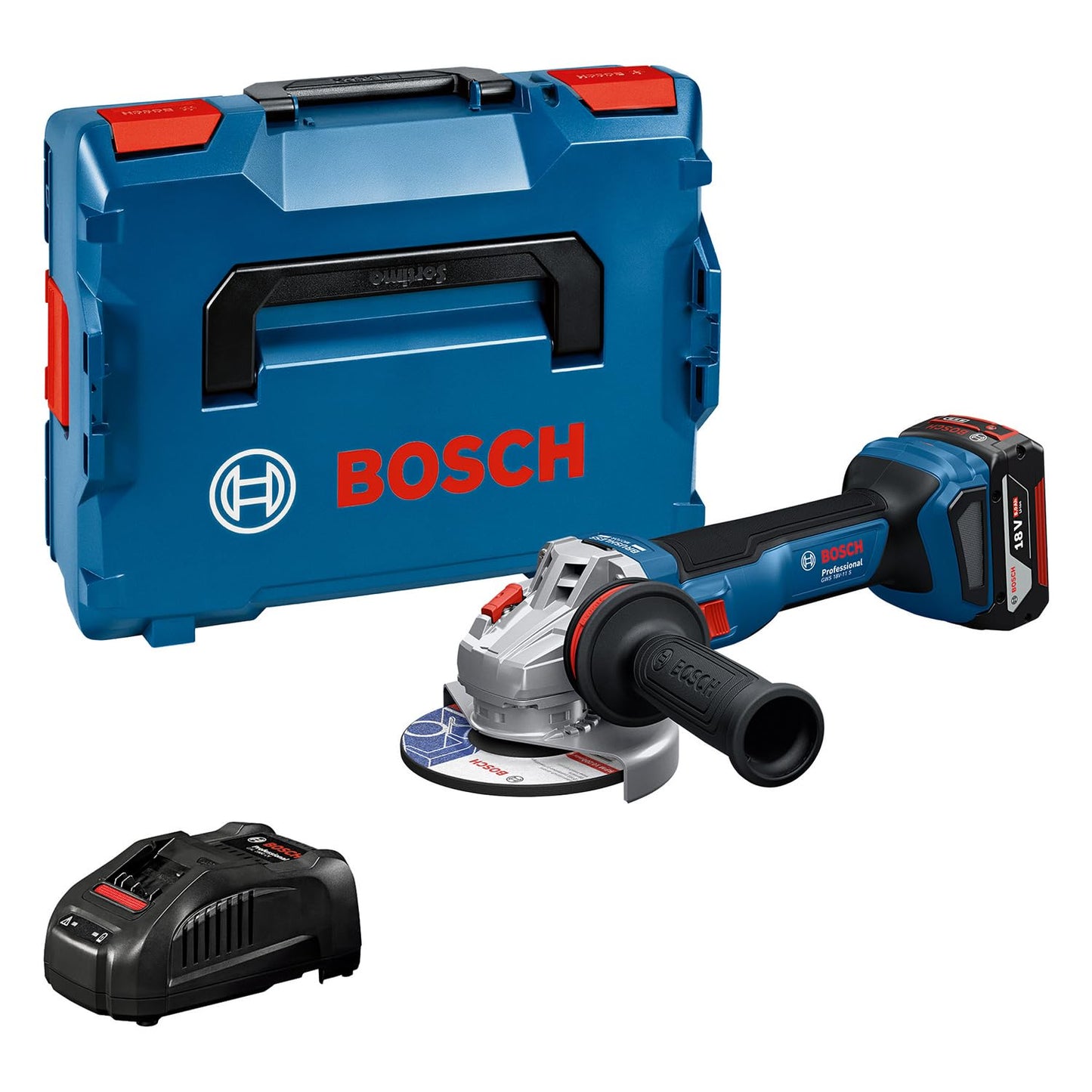 Kabelloser Winkelschleifer GWS 18V-11 S, +18V 5.0Ah + GAL 1880 + L-Boxx