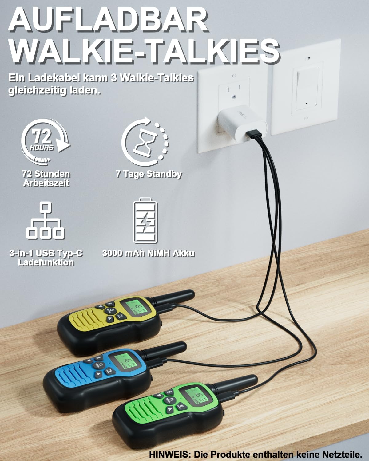 Walkie Talkie Set für Kinder mit 16 Kanälen, Gelb Blau Grün