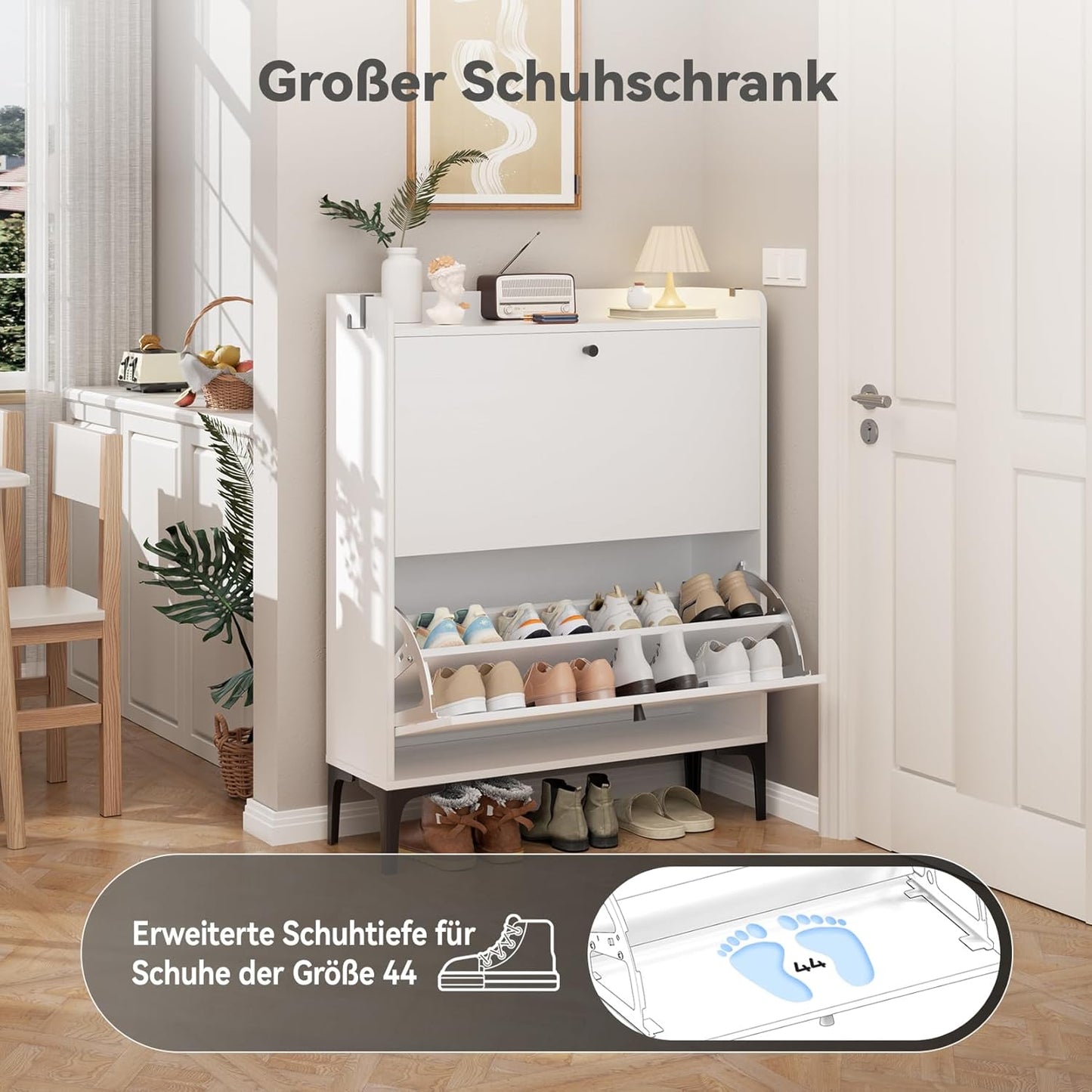 Schuhkipper mit 2 Flip-Schubladen, 80cm Weiß