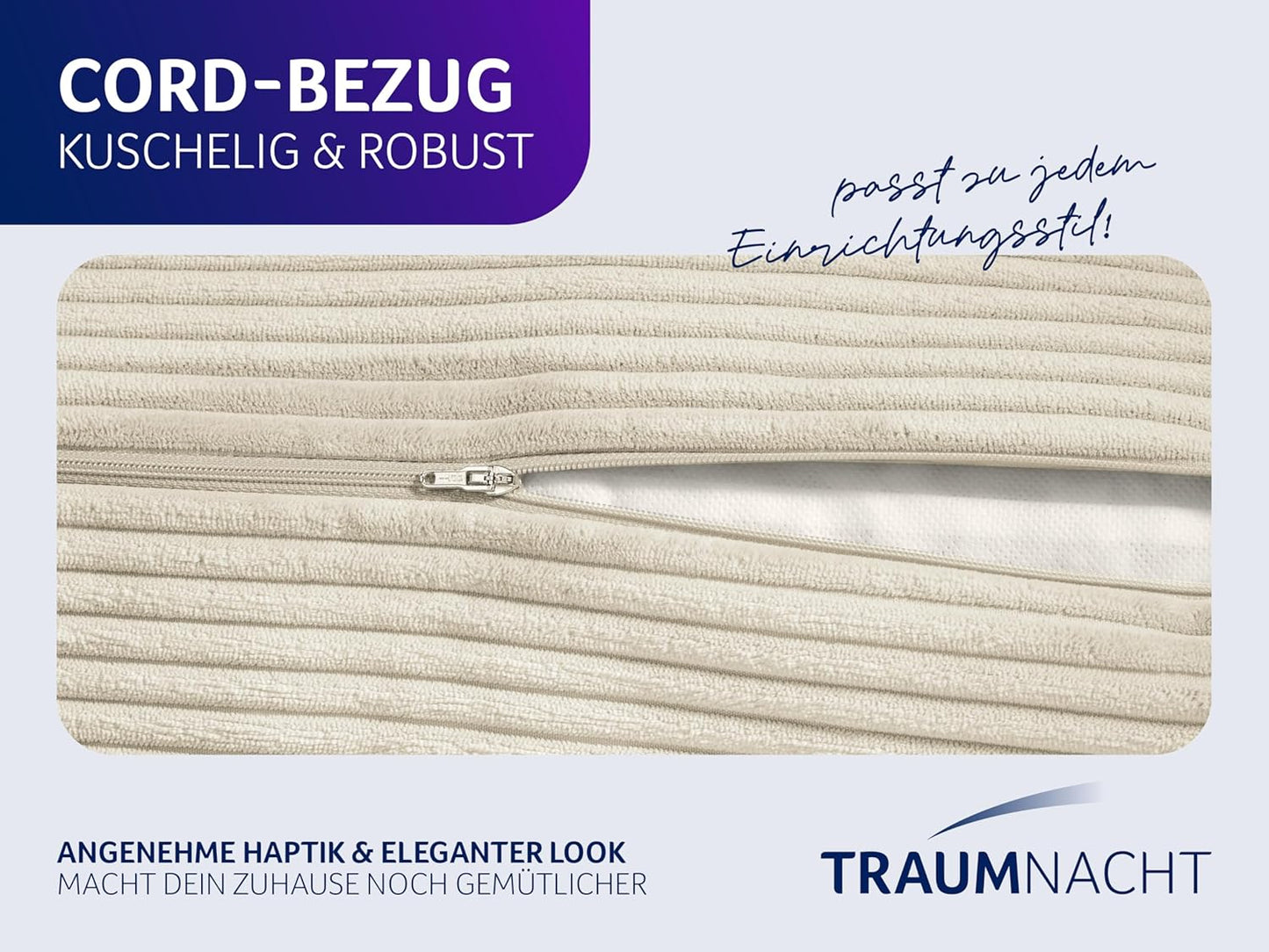 Cozy Rückenkissen mit abnehmbarem Bezug und Seitentasche, Beige Kord (100% Polyester)