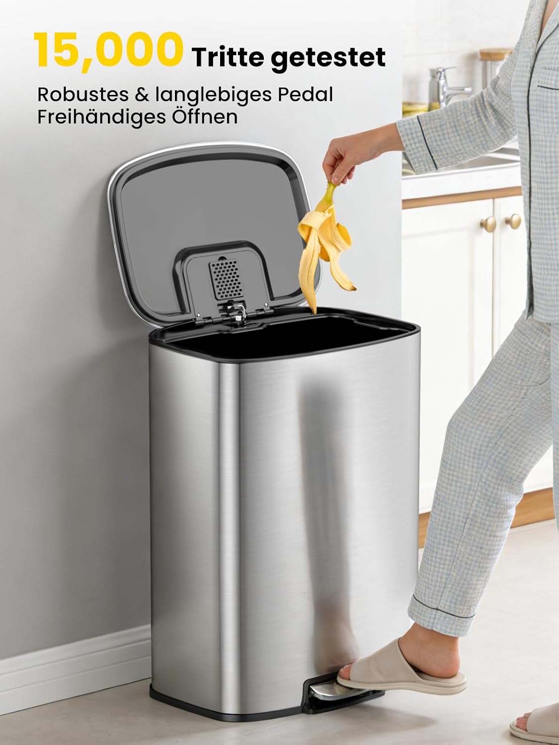 Treteimer mit Soft Close Deckel, Silber 50L