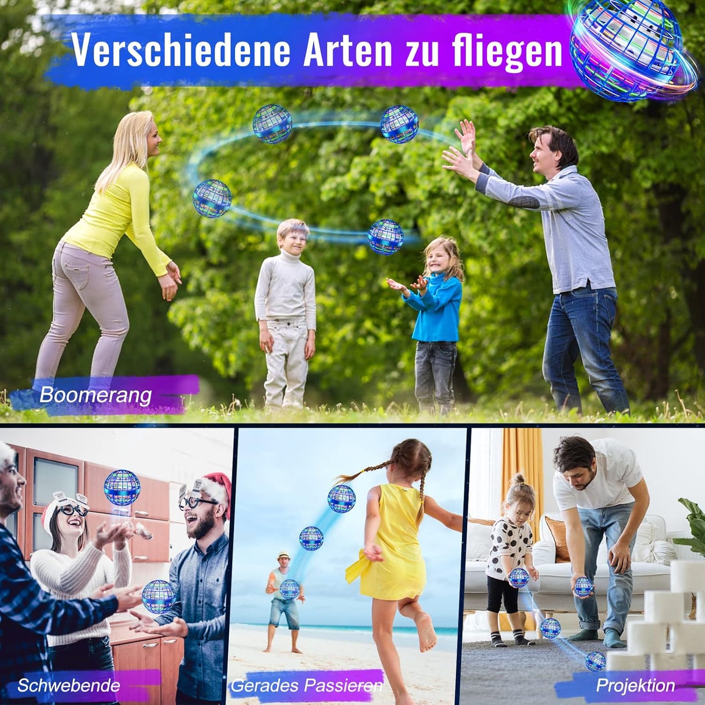 Fliegender Boomerang-Ball mit LED für Kinder ab 6 Jahren, 2 Azul