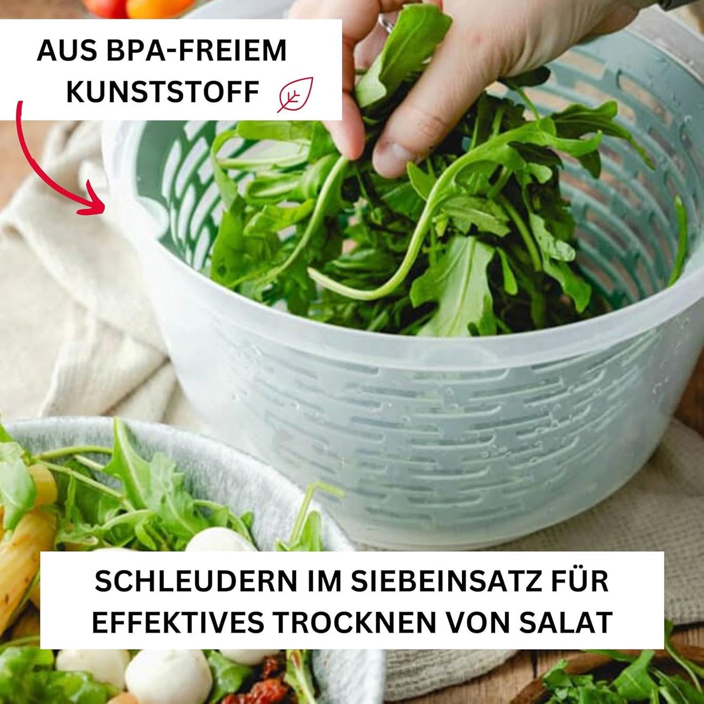 Salatschleuder mit Drehknauf und Shaker-Set, Mint-grün, Rutschfest, Set 2tlg.
