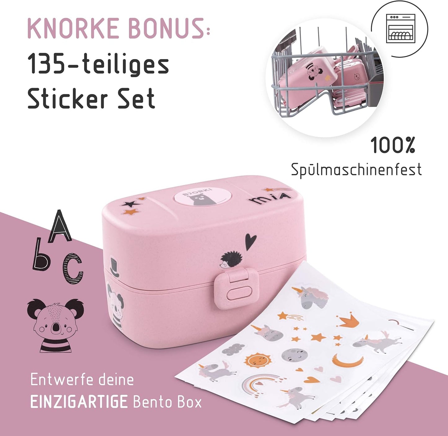 Auslaufsichere Bento Box für Kinder mit Namensticker, Pastell Rosa