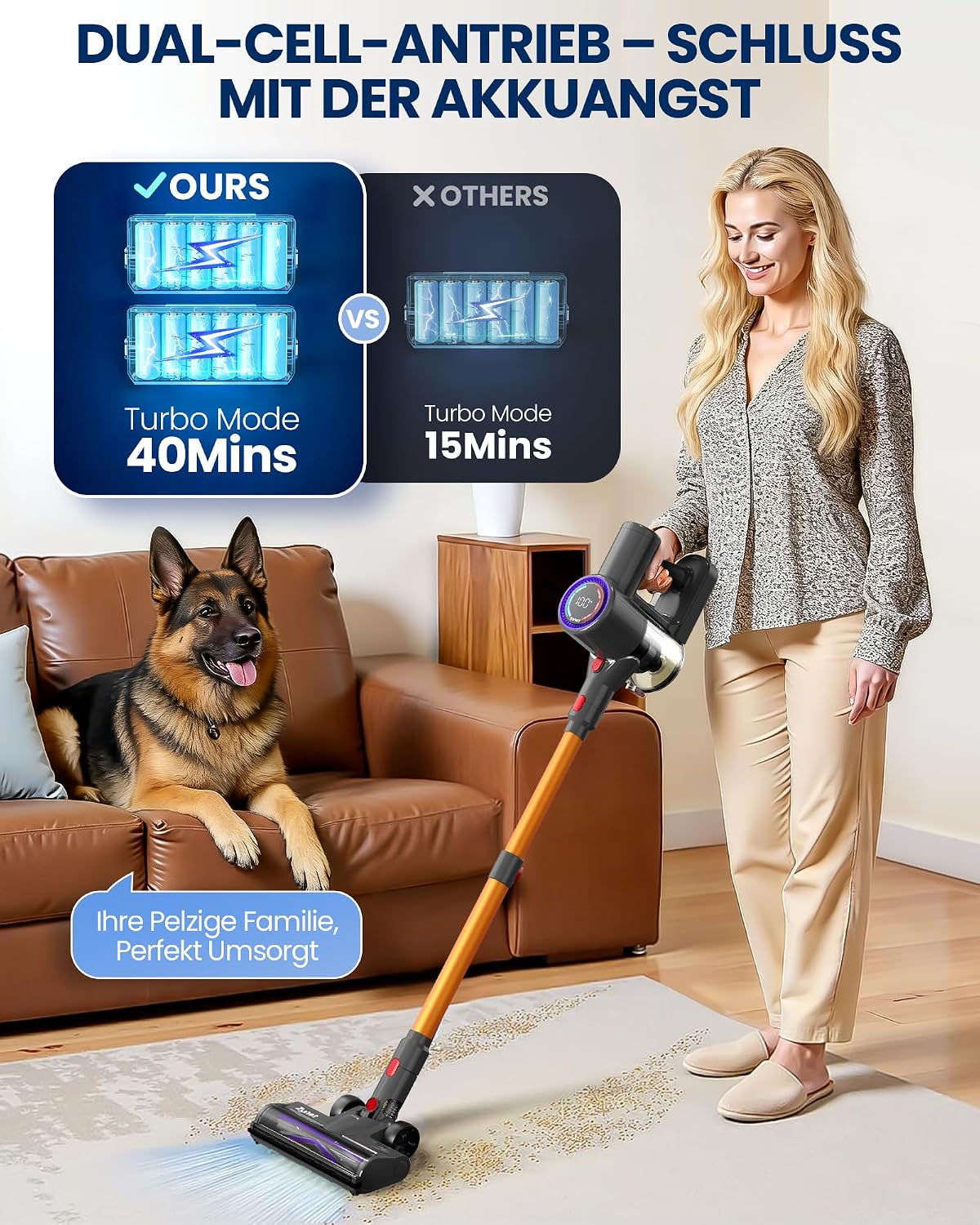 DP2 Akkustaubsauger mit LED-Display & Teleskopstange, Gold