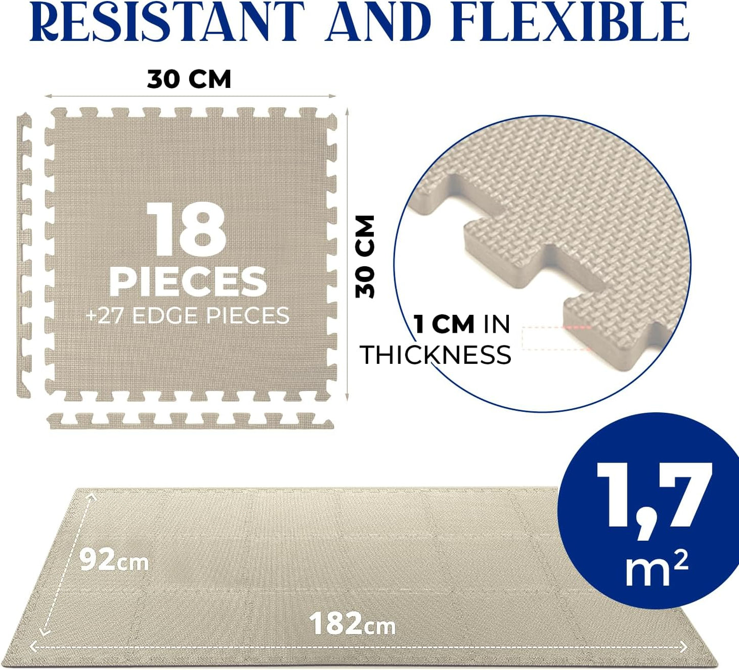 Bodenschutz Puzzlematte-Set, 18 Stück / 30 x 30 x 1 cm / 1,7 m² / Beige