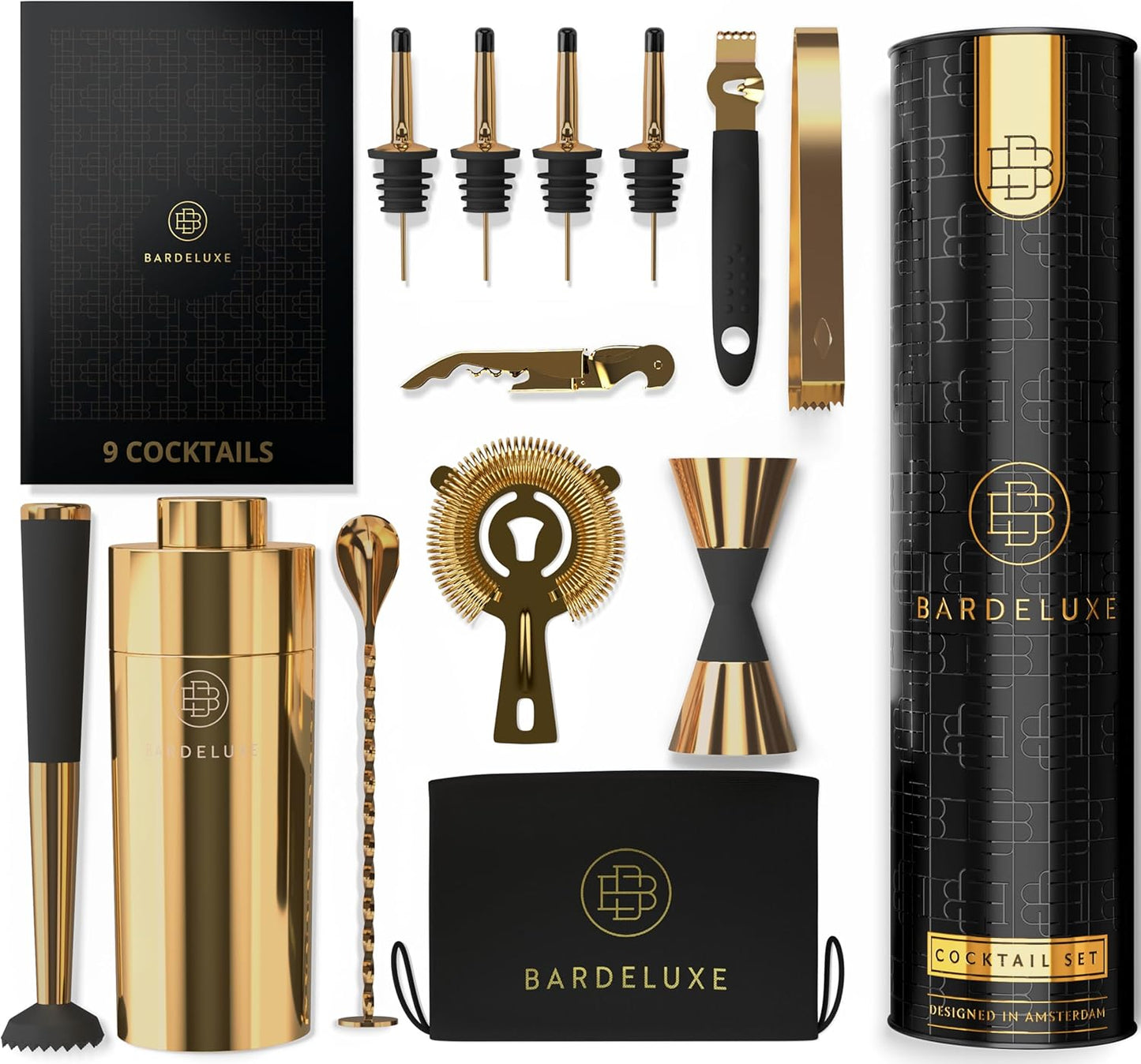 12-teiliges Cocktail Set mit Shaker, Tiefes Gold
