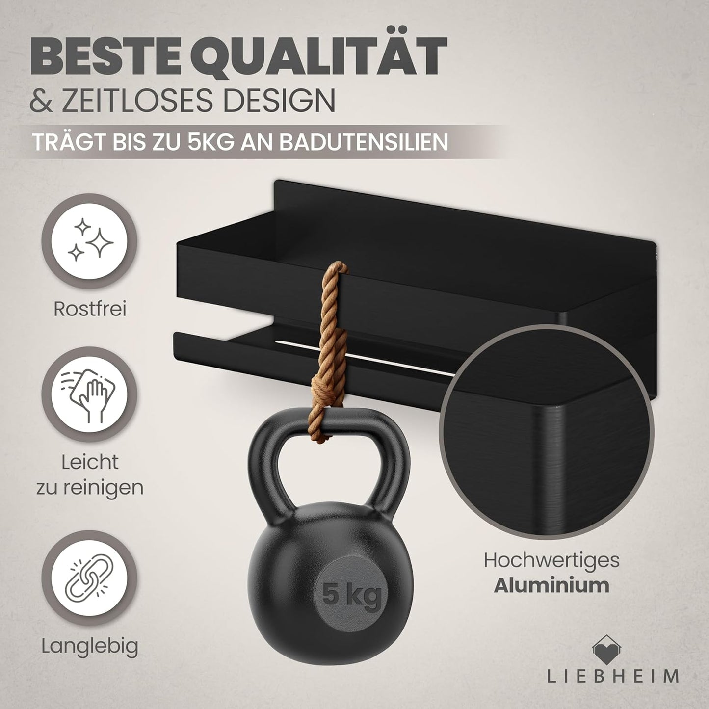 Duschablage Ohne Bohren - Badregal aus Aluminium, Schwarz - Aluminium