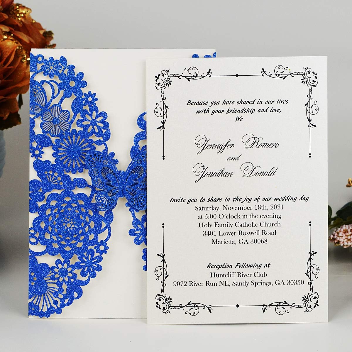 Laserschnitt Hochzeitseinladungen mit Schmetterling, 20 Stück Leeres Papier ;  Blau Glitzer