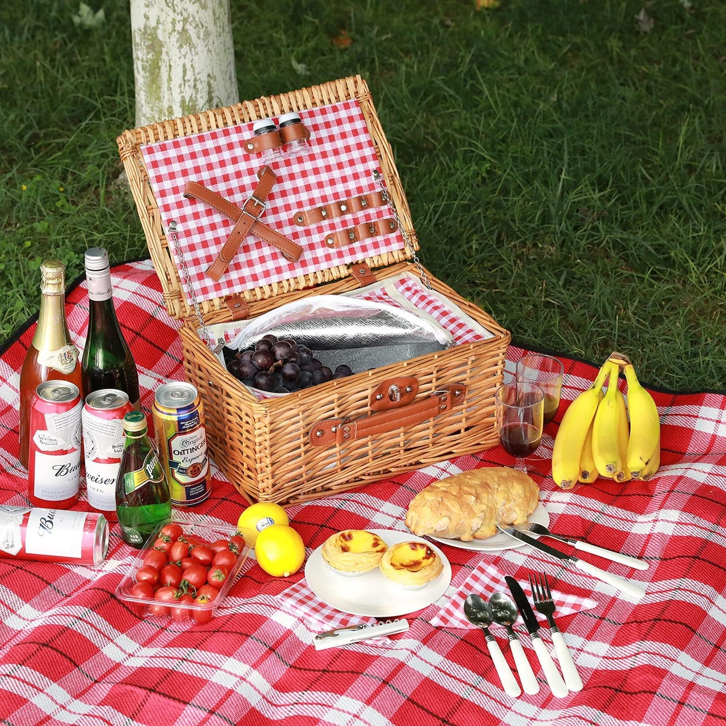 Picknickkorb mit Kühlfach für 2 Personen, Rot Kariert