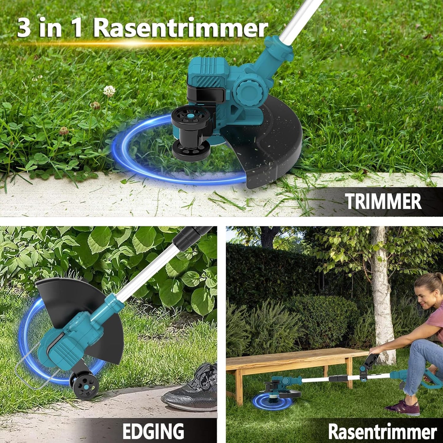 Akku-Rasentrimmer 4-in-1 mit 2 Akkus und 4 Klingen, Blau