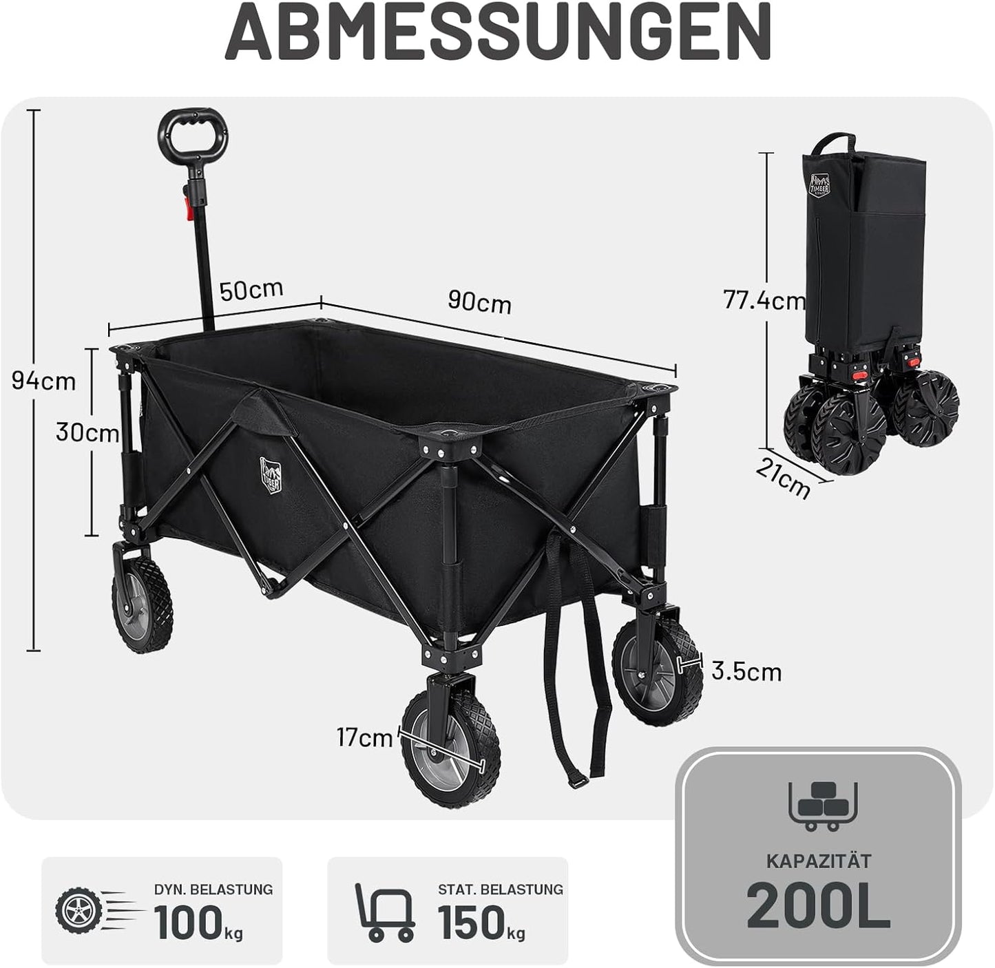 Faltbarer Bollerwagen mit verstellbarem Griff und Seitentaschen, Schwarz