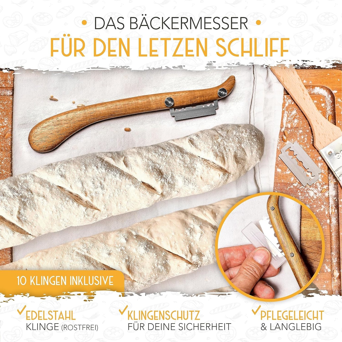 Baguettebackform Set mit Bäckerleinen & Messer, 4er Baguetteform