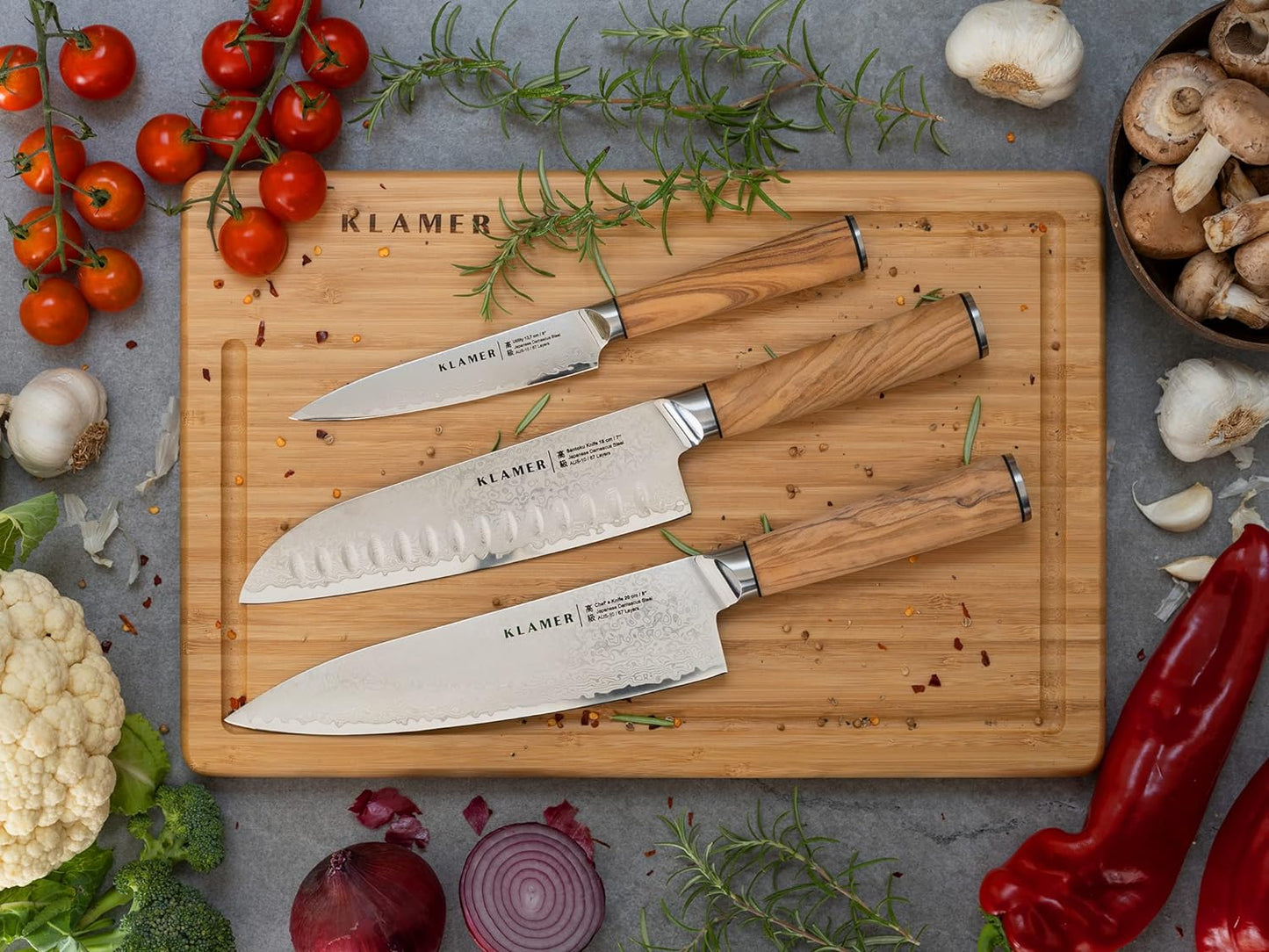 Premium Santoku, Premium Damastmesser Olivenholz, Santoku 18 cm