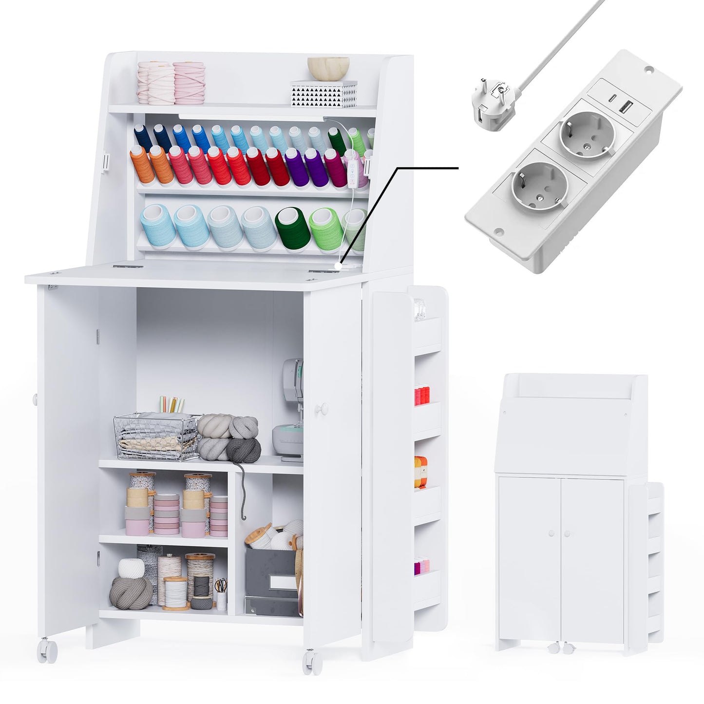 Klappbarer LED Nähtisch mit 33 Garnhalter & 2 Steckdosen, USB+Typ-C