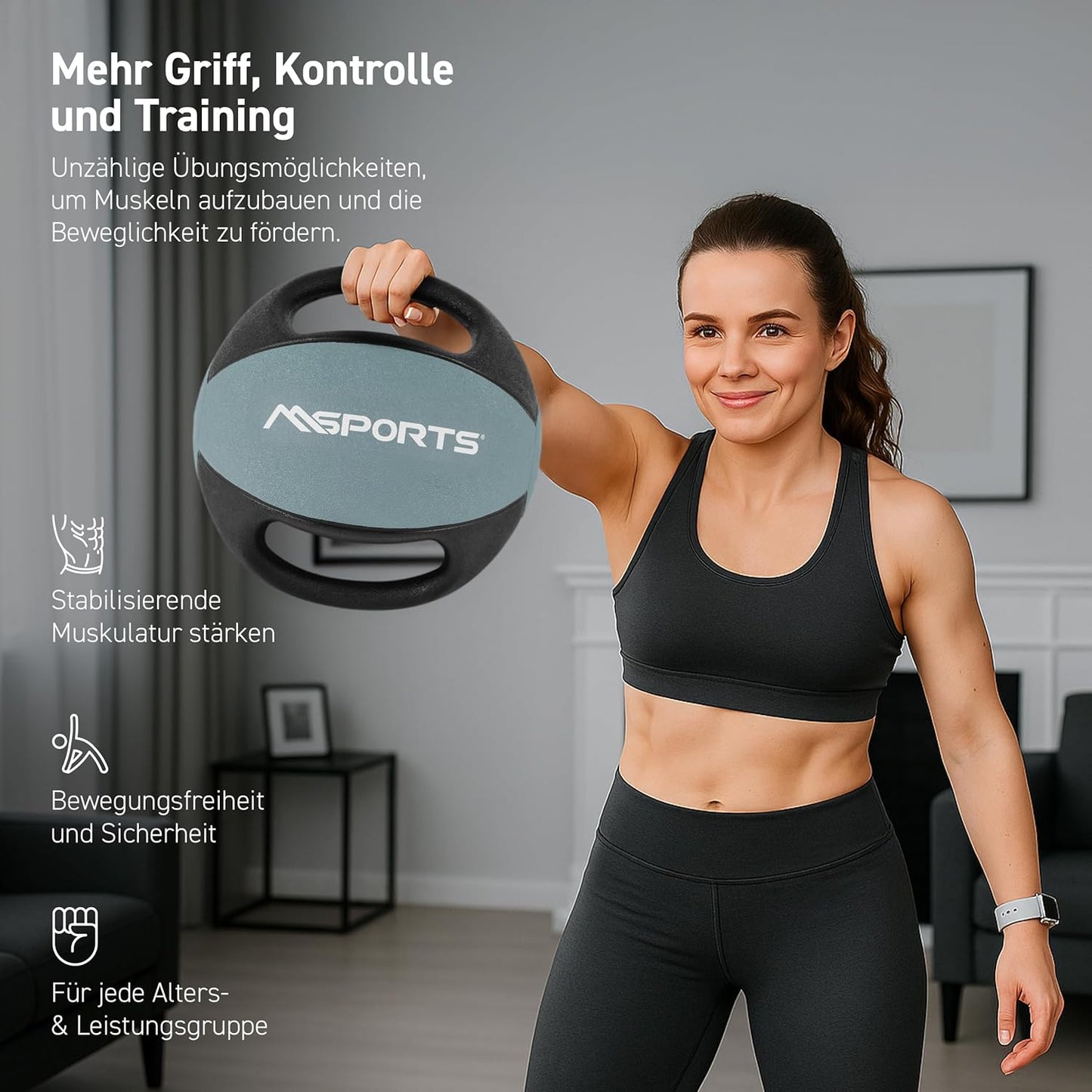 Medizinball mit Griffen, 10 kg - Hellgrau