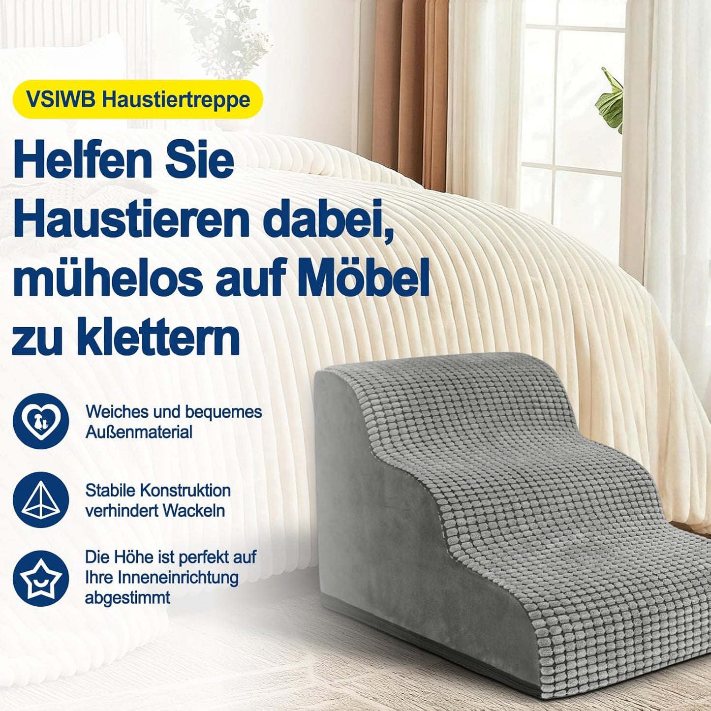 Haustiertreppe mit 3 Stufen, 3 Stufen Grau Hundetreppe