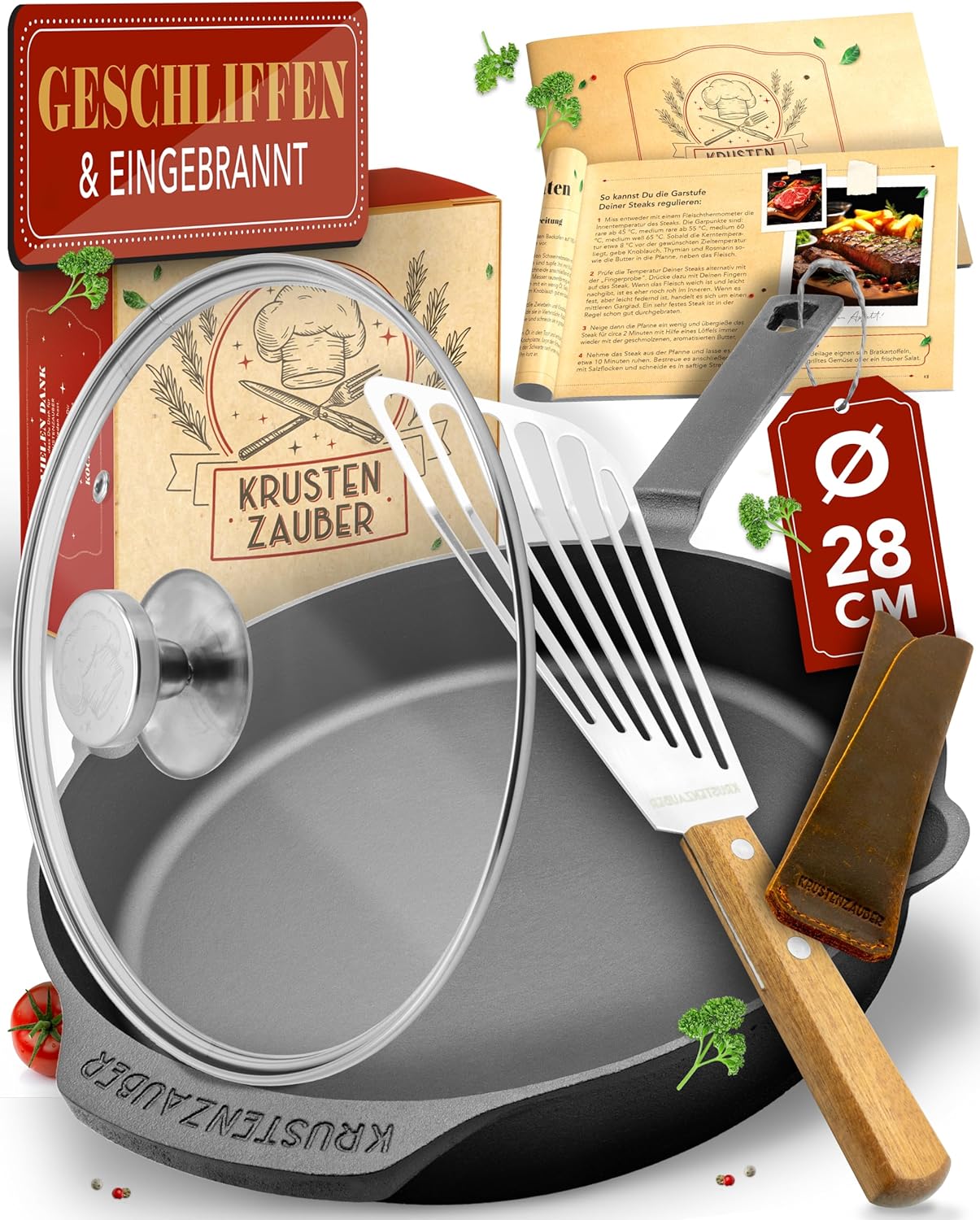 Gusseisenpfanne 28cm mit Deckel & Wender, 28cm Geschliffene Pfanne + Deckel + Wender