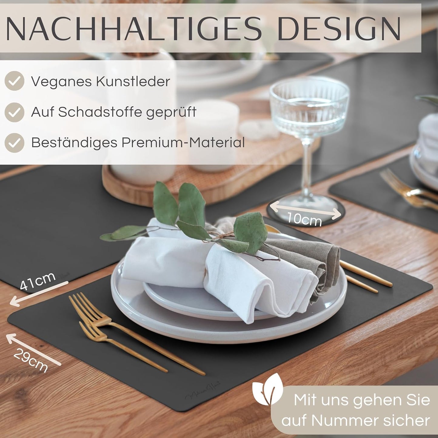 Premium Tischset aus Kunstleder (6er Set), Dunkelgrau Eckig