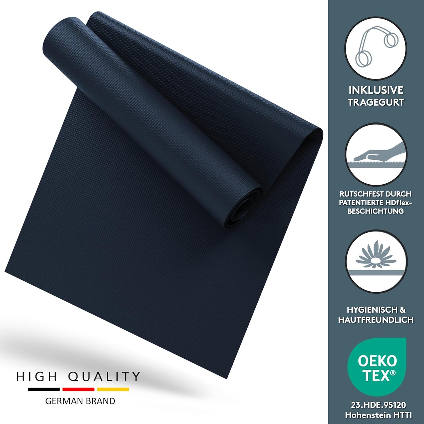 Yoga- und Fitnessmatte mit Tragegurt, 60 x 180 cm Midnight Blue