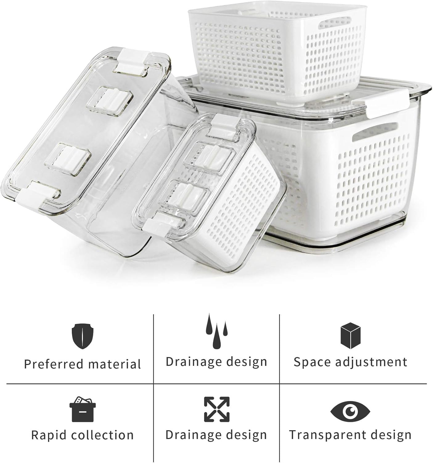 Frischhaltedosen Kühlschrank-Organizer Set, Weiß,3er Set,0.5L+1.7L+4.5L