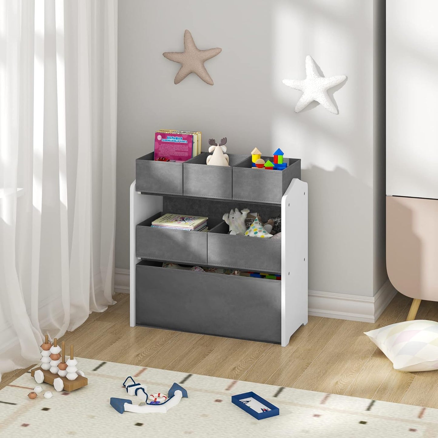 Spielzeug-Aufbewahrungsregal für Kinderzimmer, Weiss+grau 63x60x30 cm