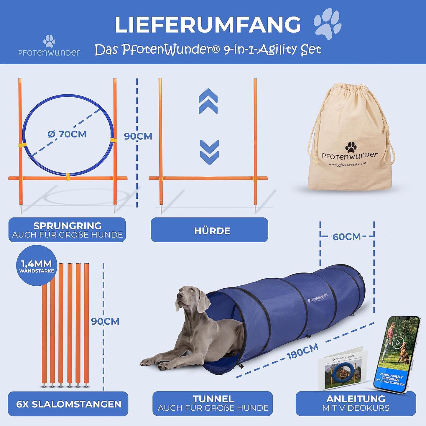 Agility-Set für Hunde, M-Set: Slalom, 1x Hürde, 1x Ring, 1x Tunnel