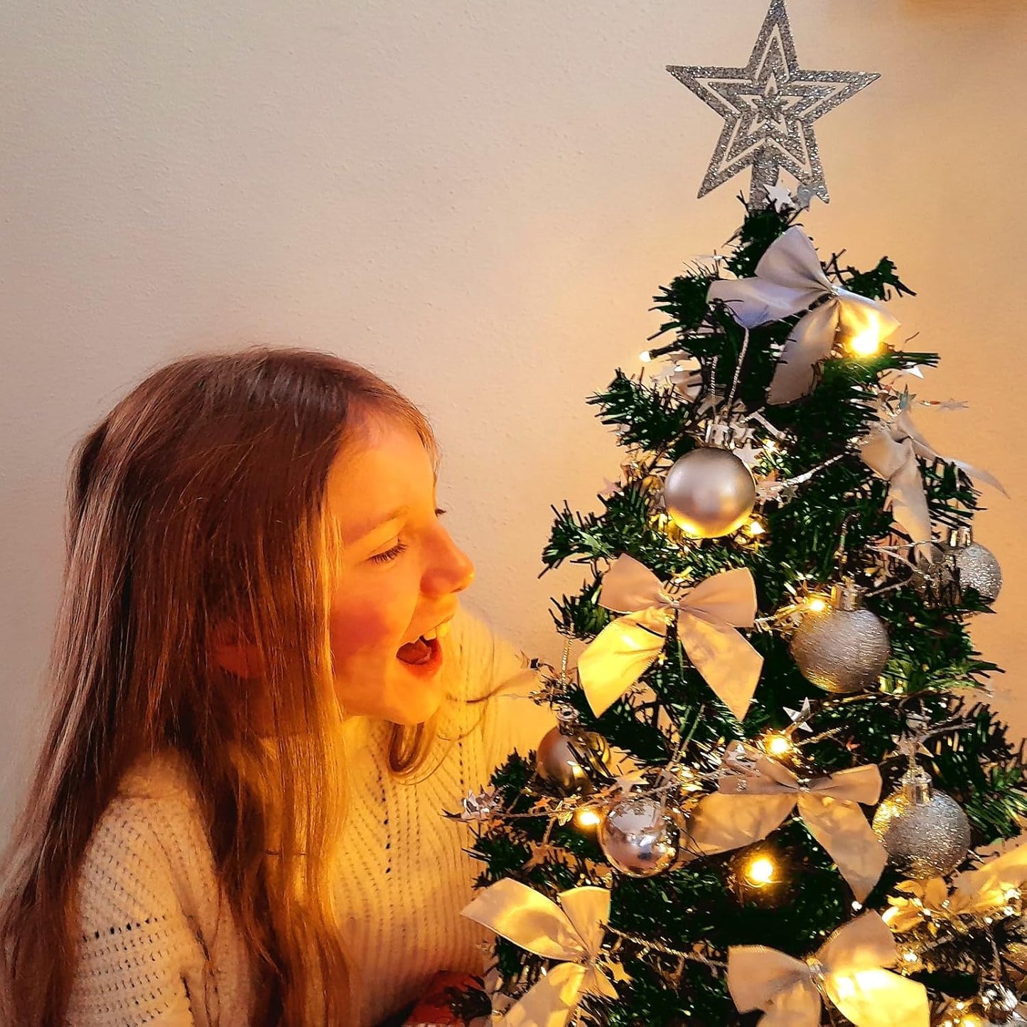 Künstlicher Weihnachtsbaum mit Deko & LED-Lichtern, 90 cm / Grün-silber-braun+warmweiss
