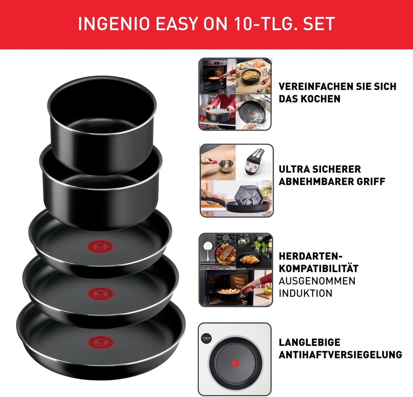 Ingenio Easy On Kochset mit abnehmbarem Griff, antihaftbeschichtet, spülmaschinen- und ofenfest, 10-tlg. Kochgeschirr-Set