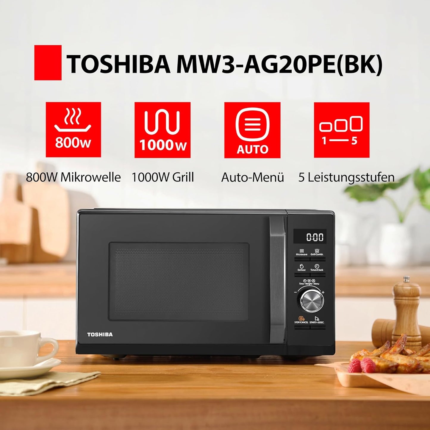 3-in-1 Mikrowellenherd MW3-AG20PE(BK) mit Grill und Automatikprogrammen, 20L Grill Schwarz