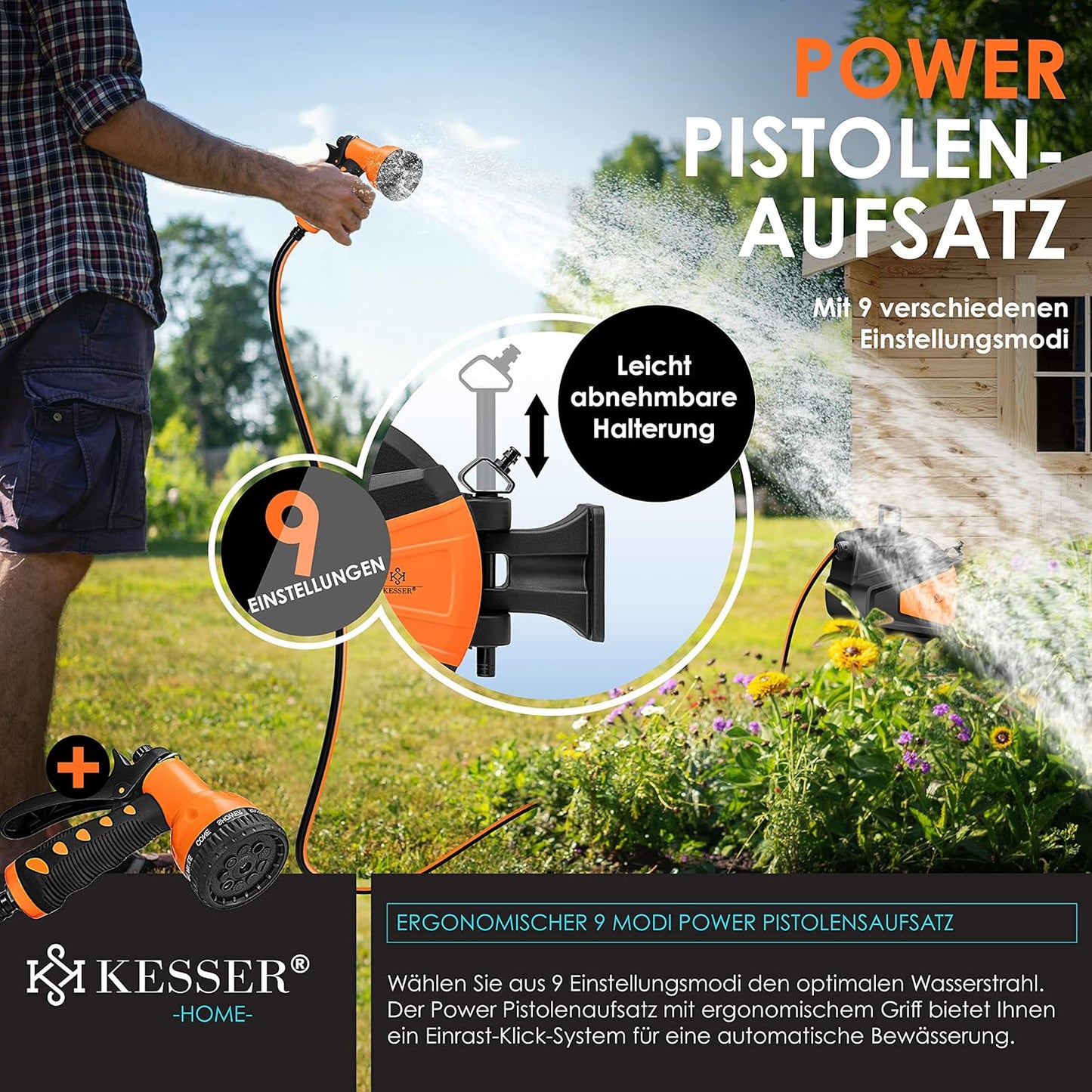 Schlauchtrommel mit 2-Wege-Verteiler & Handbrause, 30 Meter Orange