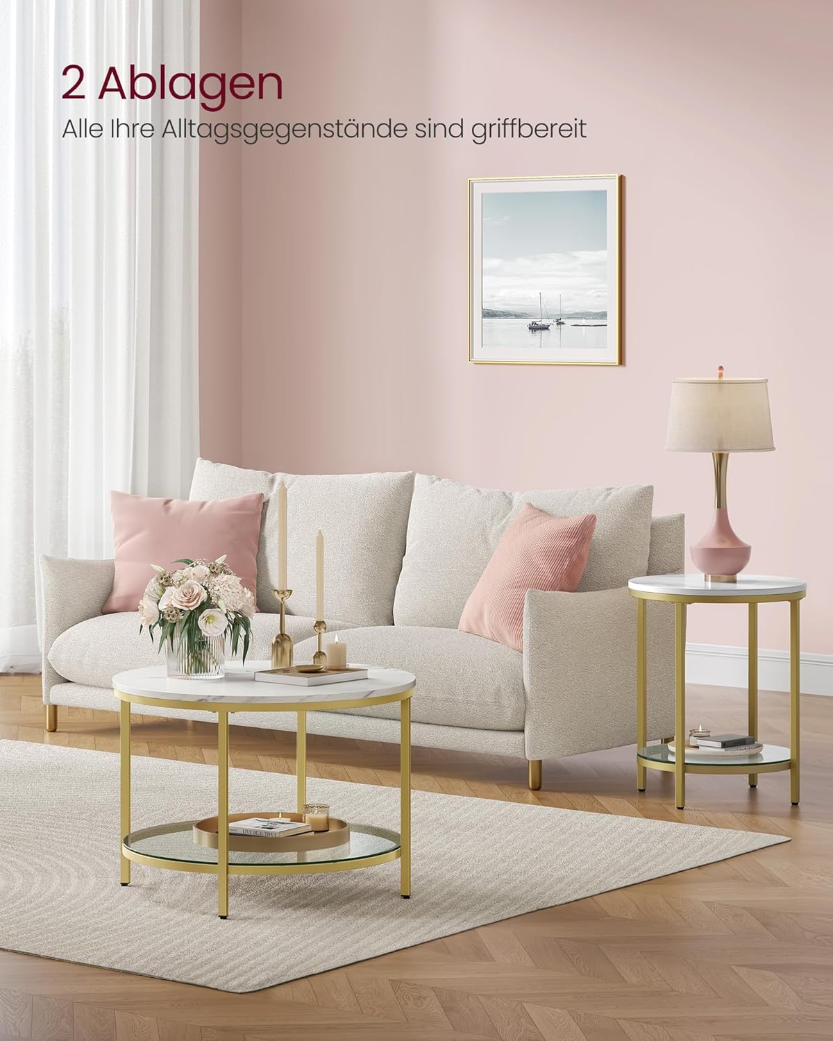 Couchtisch mit Glasplatte, 65d cm Marmorweiss + Helles Gold
