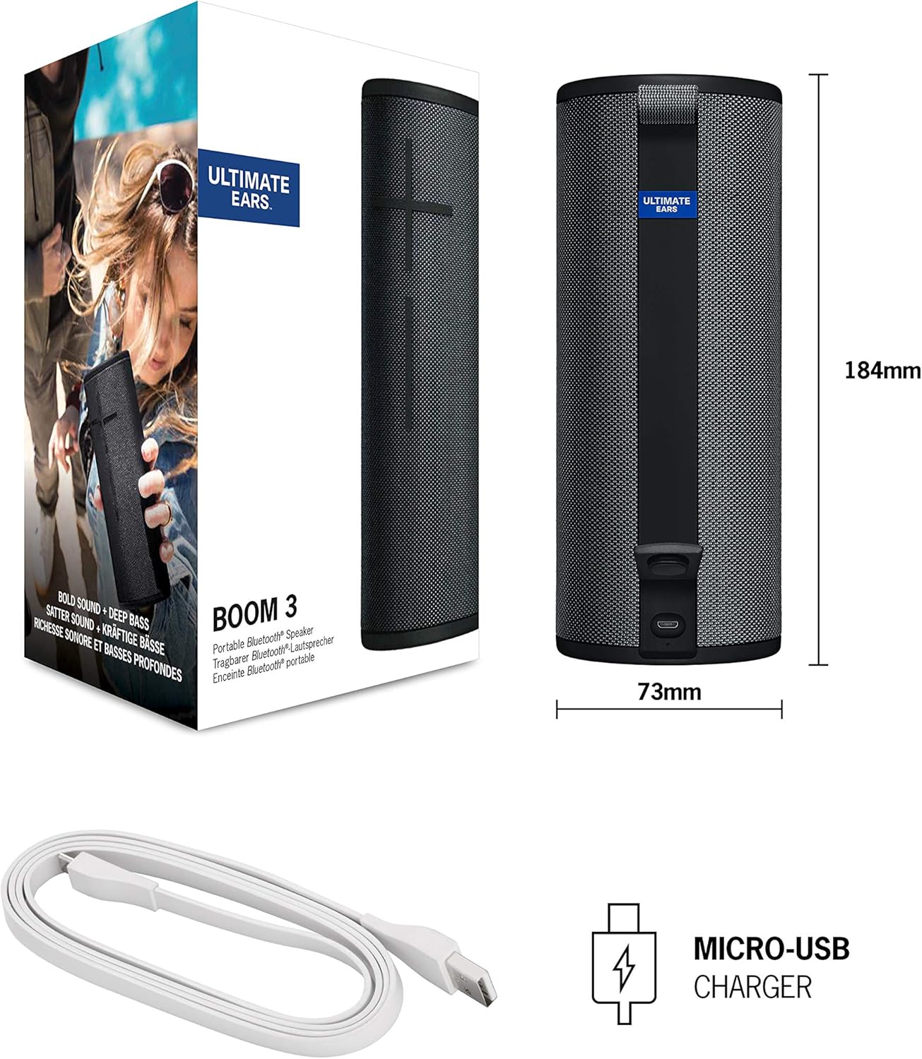 Kabelloser Bluetooth-Lautsprecher Boom 3, BOOM 3 Schwarz