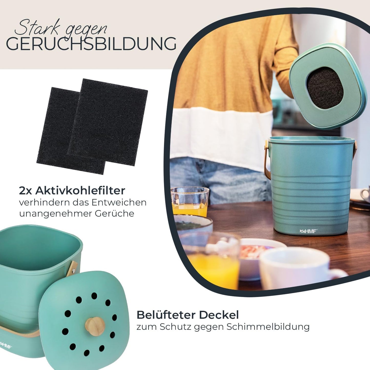 Geruchsdichter Komposteimer mit Deckel, 3 Liter, Grün 3 L