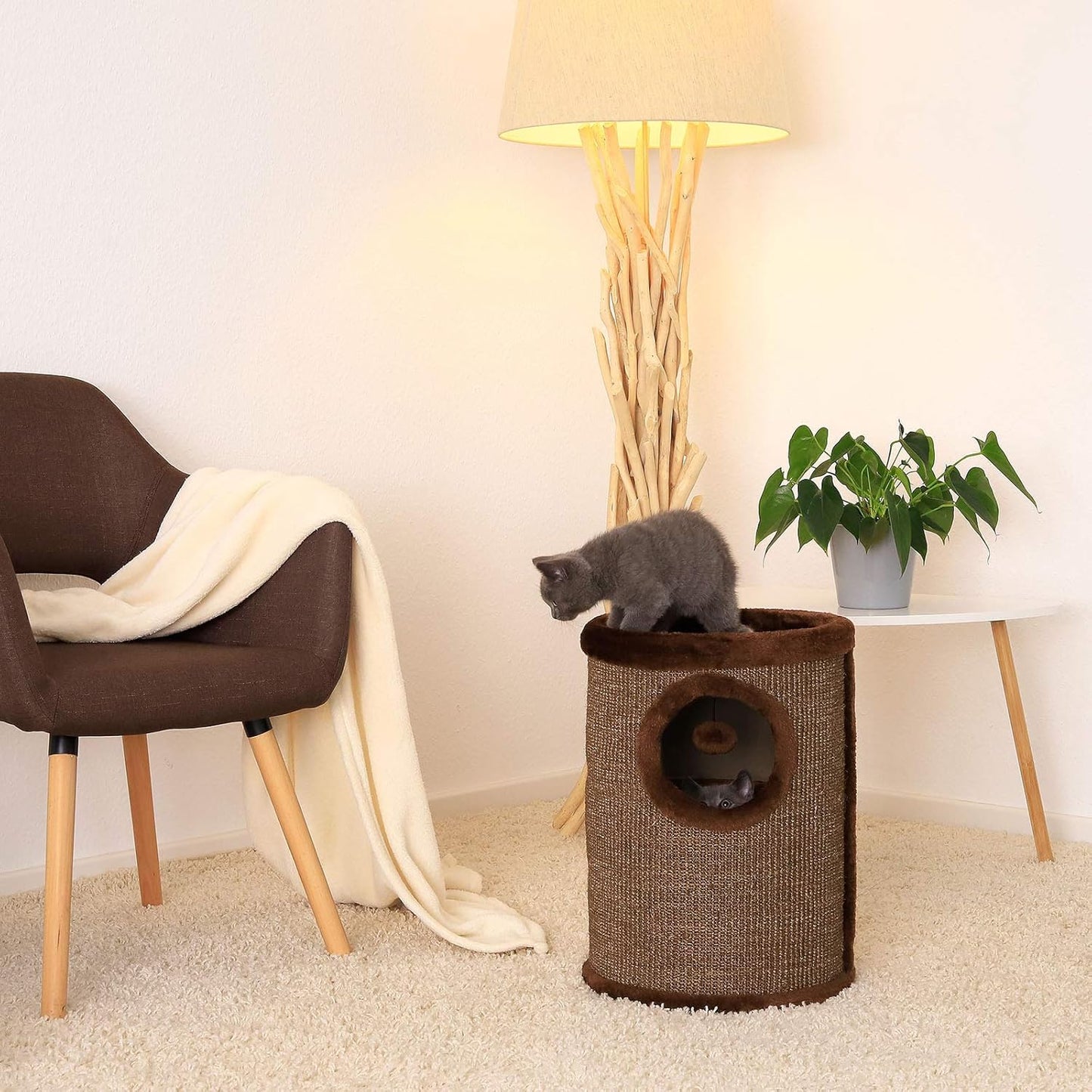 Kratztonne mit Sisal & Plüschrand, Braun 50 cm Höhe