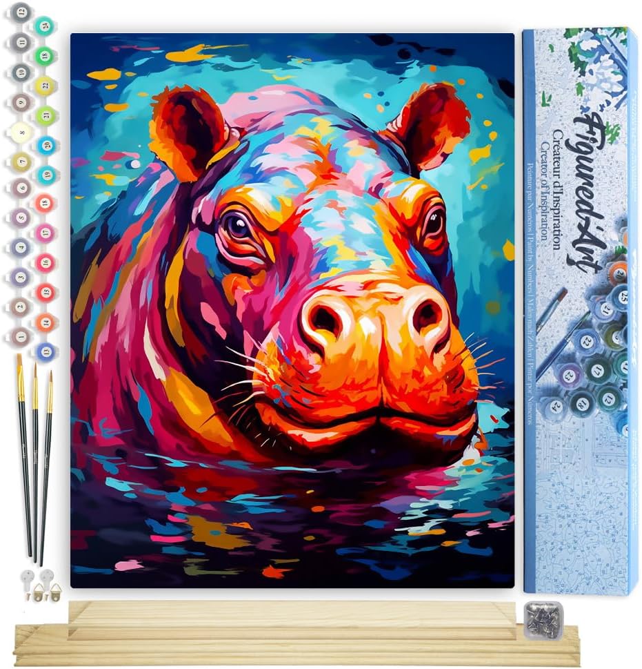 Malen Nach Zahlen Set Flusspferd Farbenfroh Abstrakt mit Rahmen, Flusspferd Farbenfroh Abstrakt 40x50cm Mit Keilrahmen (nicht gespannt)
